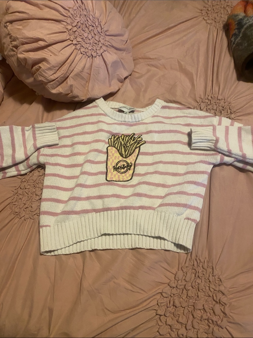 Striped Pink and White Knit Sweater with Fries Patch